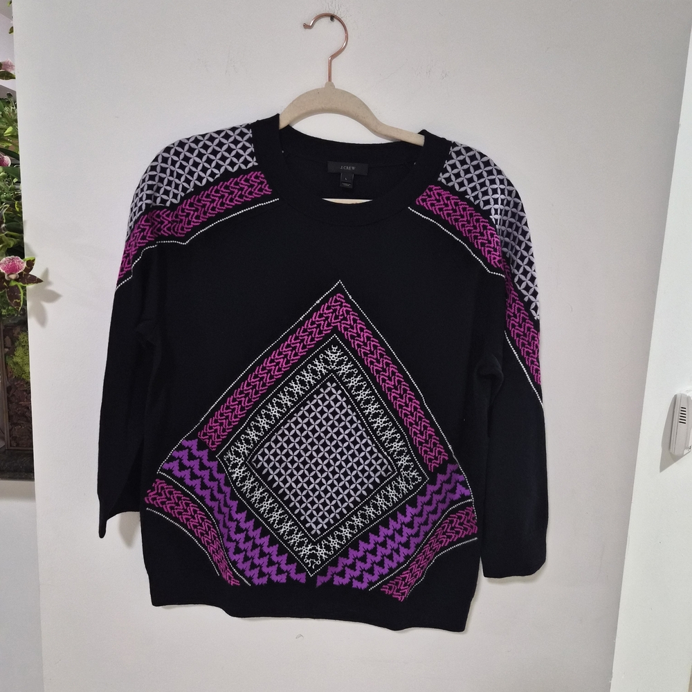 J. Crew Black and Purple Crew Neck Sweater